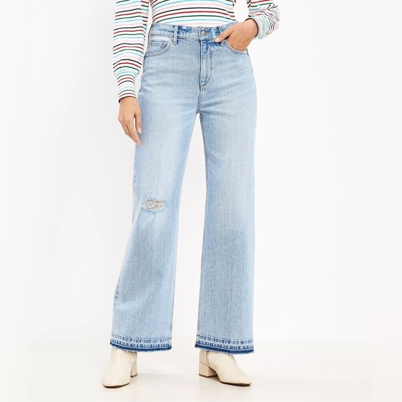 NWT Loft Raw Hem High Rise Wide Leg Light Indigo Wash sz 30 - Picture 1 of 7